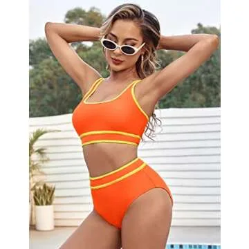 BMJL Women's High Waisted Bikini Sets Sporty Two Piece Swimsuits Color Block Cheeky High Cut Bathing Suits(S,Orange)