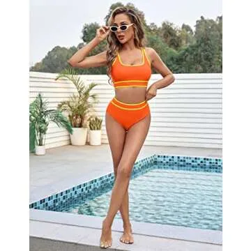 BMJL Women's High Waisted Bikini Sets Sporty Two Piece Swimsuits Color Block Cheeky High Cut Bathing Suits(S,Orange)