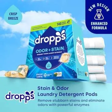 Dropps Odor & Stain Biobased Power Laundry Detergent Pods, Crisp Breeze (140 Pods) - HE Compatible Laundry Pods for Fresh Clothes - Laundry Soap Supplies & Recyclable Paperboard Packaging