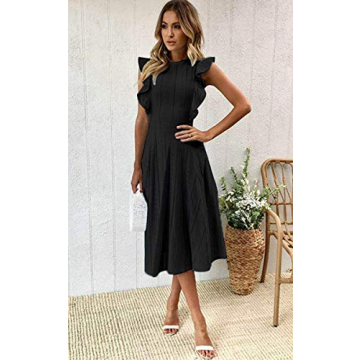 ECOWISH Women's Summer Dresses 2025 Elegant Lady Wedding Guest Cocktail Ruffle Cap Sleeves A-Line Office Midi Dress Black Small