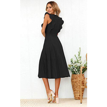 ECOWISH Women's Summer Dresses 2025 Elegant Lady Wedding Guest Cocktail Ruffle Cap Sleeves A-Line Office Midi Dress Black Small