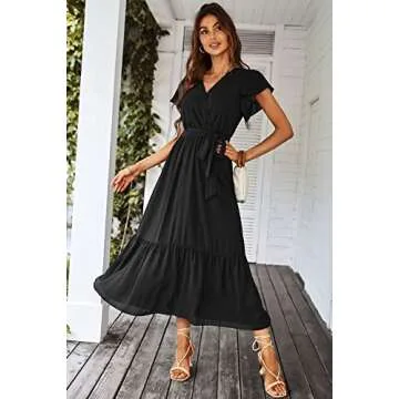 PRETTYGARDEN Women's 2024 Floral Boho Dress Wrap V Neck Short Sleeve Belted Ruffle Hem A-Line Flowy Maxi Dresses (Solid Black,Medium)