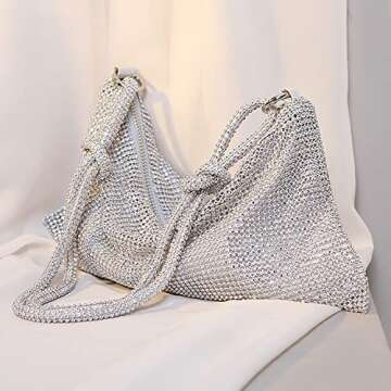 Glitter Mini Rhinestone Shoulder Bag Sparkly Evening Bag Silver Clutch Purse Diamond Handbag for Womens Party Prom Wedding Silver