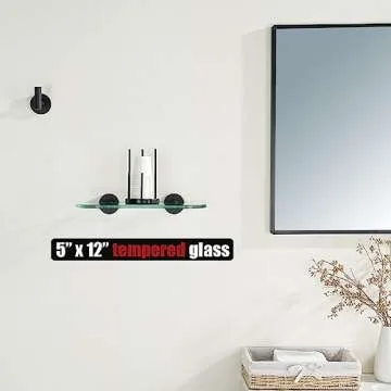 JQK Bathroom Glass Shelf Black, 12x5 Inch Tempered Glass Storage