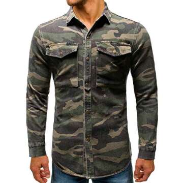 chouyatou Men's Military Style Short/Long Sleeve Camo Printed Button Down Shirt (Large, Green Long)