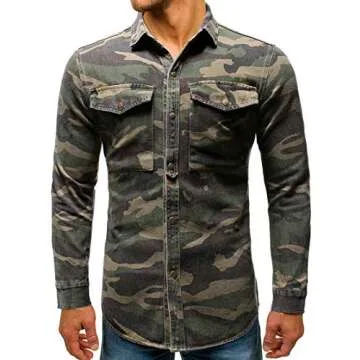 chouyatou Men's Military Style Short/Long Sleeve Camo Printed Button Down Shirt (Large, Green Long)