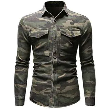 chouyatou Men's Military Style Short/Long Sleeve Camo Printed Button Down Shirt (Large, Green Long)