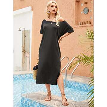 Kidsform Women Off Shoulder Maxi Dress Striped Casual Loose Kaftan Oversized Beach Cover Up Round Neck Sundress Black M