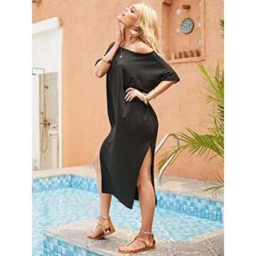 Kidsform Women Off Shoulder Maxi Dress Striped Casual Loose Kaftan Oversized Beach Cover Up Round Neck Sundress Black M