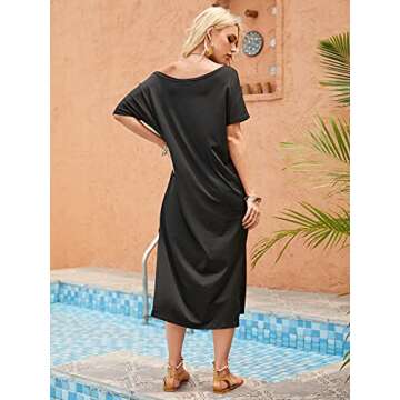 Kidsform Women Off Shoulder Maxi Dress Striped Casual Loose Kaftan Oversized Beach Cover Up Round Neck Sundress Black M