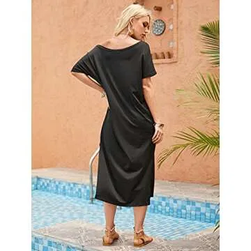 Kidsform Women Off Shoulder Maxi Dress Striped Casual Loose Kaftan Oversized Beach Cover Up Round Neck Sundress Black M