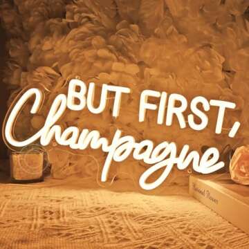 SYLHOME But First Champagne Led Neon Light Sign Home Bar Kitchen Man Cave Pub Wall Sign Decor Wedding Birthday Grad Party Backdrop Drinks Christmas Gifts 16.54"X7.1" USB Warm