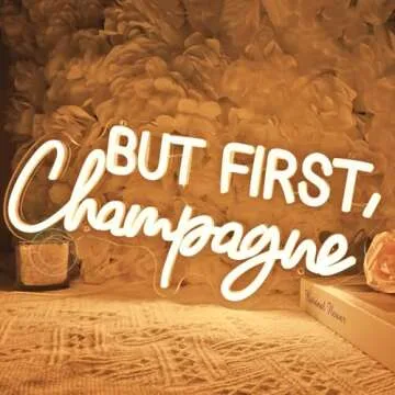 SYLHOME But First Champagne Led Neon Light Sign Home Bar Kitchen Man Cave Pub Wall Sign Decor Wedding Birthday Grad Party Backdrop Drinks Christmas Gifts 16.54"X7.1" USB Warm