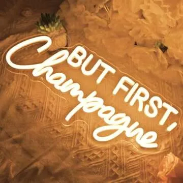 SYLHOME But First Champagne Led Neon Light Sign Home Bar Kitchen Man Cave Pub Wall Sign Decor Wedding Birthday Grad Party Backdrop Drinks Christmas Gifts 16.54"X7.1" USB Warm