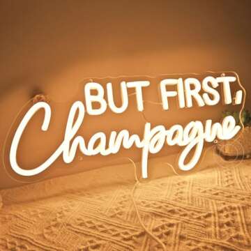 SYLHOME But First Champagne Led Neon Light Sign Home Bar Kitchen Man Cave Pub Wall Sign Decor Wedding Birthday Grad Party Backdrop Drinks Christmas Gifts 16.54"X7.1" USB Warm