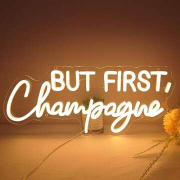 SYLHOME But First Champagne Led Neon Light Sign Home Bar Kitchen Man Cave Pub Wall Sign Decor Wedding Birthday Grad Party Backdrop Drinks Christmas Gifts 16.54"X7.1" USB Warm