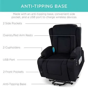 Best Choice Products Modern Linen Electric Power Lift Chair, Recliner Massage Chair, Adjustable Furniture for Back, Legs w/ 3 Positions, USB Port, Heat, Cupholders, Easy-to-Reach Button - Black