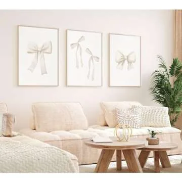 Bow Wall Art Coquette Room Canvas Decor Beige Bow Poster Preppy Wall Deocr Aesthetic Pictures Coquette Girly Posters Nursery Art Prints for Girls Bedroom 24x36 Inch Unframed Set of 3