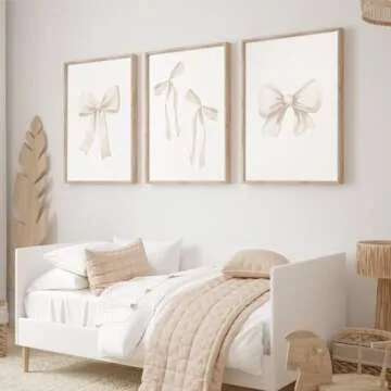 Bow Wall Art Coquette Room Canvas Decor Beige Bow Poster Preppy Wall Deocr Aesthetic Pictures Coquette Girly Posters Nursery Art Prints for Girls Bedroom 24x36 Inch Unframed Set of 3