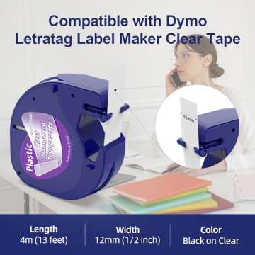 Label Maker Clear Tape Replacement for Dymo Label Maker Refills Clear 1/2'' x 13', Compatible with Dymo Letratag Refills Transparent Plastic Tape, Work with Dymo Letratag LT-100T LT-100H QX50, 4-Pack