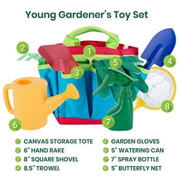 Little Wombats Kids Gardening Tools, 10 Piece Garden/Backyard Tools, Gloves, Apron, Rake, Hat, Shovel, Watering Can, Spray Bottle, Butterfly Net & Tote - Pretend Play for Boys & Girls Age 3-7