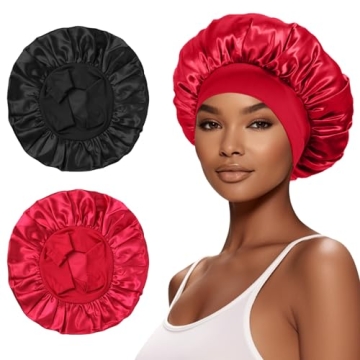 2Pcs Satin Bonnet for Sleeping, Silk Hair Wrap for Curly Hair with Elastic Wide Band, Black Satin Bo...