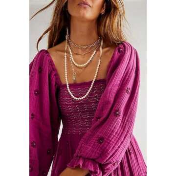 SOOKABEILA Casual Embroidered Maxi Dress for Women Square Neck Backless Smocked Ruffle Puff Sleeve Dress Summer Sundress(B-Rose Purple,L)