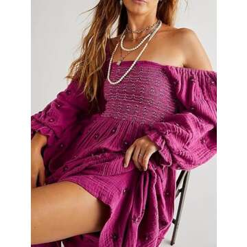 SOOKABEILA Casual Embroidered Maxi Dress for Women Square Neck Backless Smocked Ruffle Puff Sleeve Dress Summer Sundress(B-Rose Purple,L)