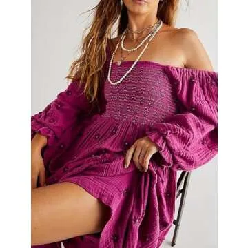 SOOKABEILA Casual Embroidered Maxi Dress for Women Square Neck Backless Smocked Ruffle Puff Sleeve Dress Summer Sundress(B-Rose Purple,L)