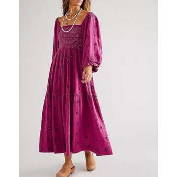 SOOKABEILA Casual Embroidered Maxi Dress for Women Square Neck Backless Smocked Ruffle Puff Sleeve Dress Summer Sundress(B-Rose Purple,L)
