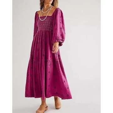 SOOKABEILA Casual Embroidered Maxi Dress for Women Square Neck Backless Smocked Ruffle Puff Sleeve Dress Summer Sundress(B-Rose Purple,L)