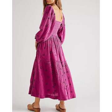 SOOKABEILA Casual Embroidered Maxi Dress for Women Square Neck Backless Smocked Ruffle Puff Sleeve Dress Summer Sundress(B-Rose Purple,L)