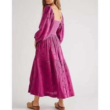 SOOKABEILA Casual Embroidered Maxi Dress for Women Square Neck Backless Smocked Ruffle Puff Sleeve Dress Summer Sundress(B-Rose Purple,L)