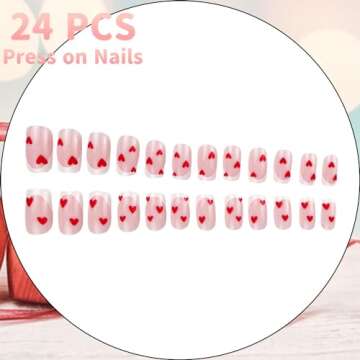 Valentine's Day Press on Nails Short Square Fake Nails, French Tip Press on Nails with Red Heart Des...
