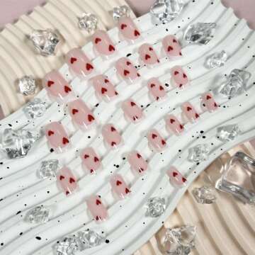 Valentine's Day Press on Nails Short Square Fake Nails, French Tip Press on Nails with Red Heart Designs Valentine's Day Acrylic Nails Full Cover False Nails Valentines Nails for Women 24Pcs