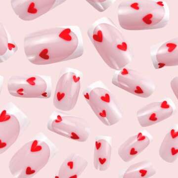 Valentine's Day Press on Nails Short Square Fake Nails, French Tip Press on Nails with Red Heart Designs Valentine's Day Acrylic Nails Full Cover False Nails Valentines Nails for Women 24Pcs