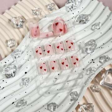Valentine's Day Press on Nails Short Square Fake Nails, French Tip Press on Nails with Red Heart Designs Valentine's Day Acrylic Nails Full Cover False Nails Valentines Nails for Women 24Pcs