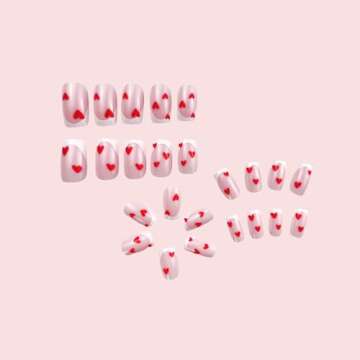 Valentine's Day Press on Nails Short Square Fake Nails, French Tip Press on Nails with Red Heart Designs Valentine's Day Acrylic Nails Full Cover False Nails Valentines Nails for Women 24Pcs