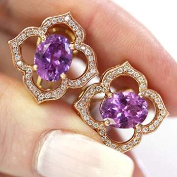 Solid 14k Rose Gold 4.5 ctw Natural Purple Sapphire and Diamond Omega Back Flower Drop Earrings for Women 18.5 mm - Handmade in USA - September Birthstone