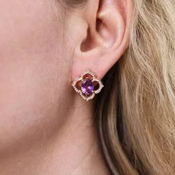 Solid 14k Rose Gold 4.5 ctw Natural Purple Sapphire and Diamond Omega Back Flower Drop Earrings for Women 18.5 mm - Handmade in USA - September Birthstone