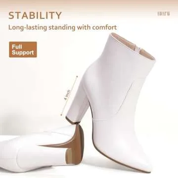 IDIFU Women's Dress Pointed Toe Short Boots Chunky High Heels Side Zipper Ankle Booties (White Pu, 7.5)
