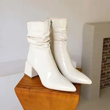 vivianly Pointed Toe Ankle Boot Mid-Calf Boots Chunky Block Heel Booties for Women size 7