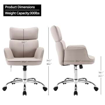 BERYTH Home Office Chair with Wheels, Adjustable Height Swivel Mid-Back Armchair Task Chair, Modern PU Leather Ergonomic Tilt Computer Desk Vanity Chair for Office, Study Room(PU LightGrey)
