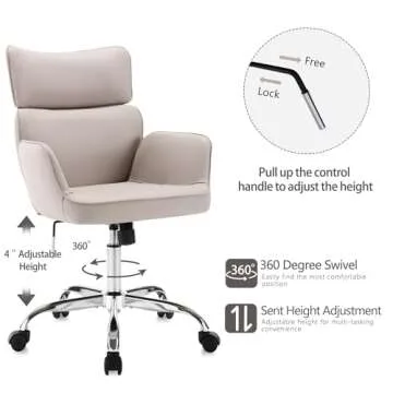 BERYTH Home Office Chair with Wheels, Adjustable Height Swivel Mid-Back Armchair Task Chair, Modern PU Leather Ergonomic Tilt Computer Desk Vanity Chair for Office, Study Room(PU LightGrey)