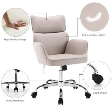 BERYTH Home Office Chair with Wheels, Adjustable Height Swivel Mid-Back Armchair Task Chair, Modern PU Leather Ergonomic Tilt Computer Desk Vanity Chair for Office, Study Room(PU LightGrey)