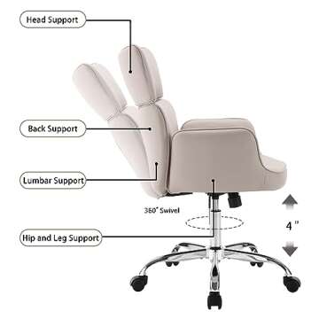 BERYTH Home Office Chair with Wheels, Adjustable Height Swivel Mid-Back Armchair Task Chair, Modern PU Leather Ergonomic Tilt Computer Desk Vanity Chair for Office, Study Room(PU LightGrey)