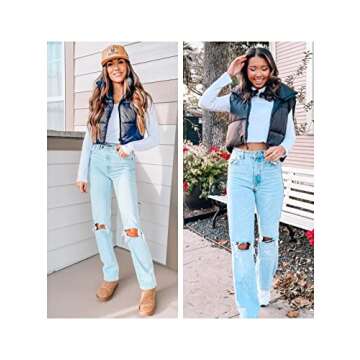 UANEO Cropped Puffer Vest Women Zip Up Stand Collar Sleeveless Padded Crop Puffy Vests (Black-S)