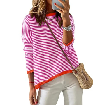 ZESICA Women's Spring Striped Sweater - Lightweight & Stylish Color Block Tops