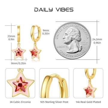 DAILY VIBES Cute Small Star Dangle Earrings for Women 14K Gold Plated Mini Cubic Zirconia Glaze Star Drop Hypoallergenic Gold Huggie Hoop Earrings for Women (Wine Red Stone)