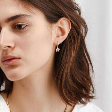 DAILY VIBES Cute Small Star Dangle Earrings for Women 14K Gold Plated Mini Cubic Zirconia Glaze Star Drop Hypoallergenic Gold Huggie Hoop Earrings for Women (Wine Red Stone)